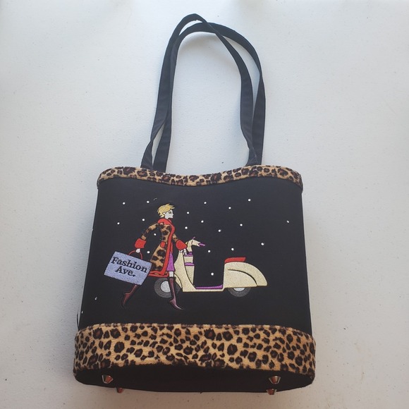 Ally Fashion Handbags - Fashion Avenue medium black and tiger zipper handbag with embroidered image Tote